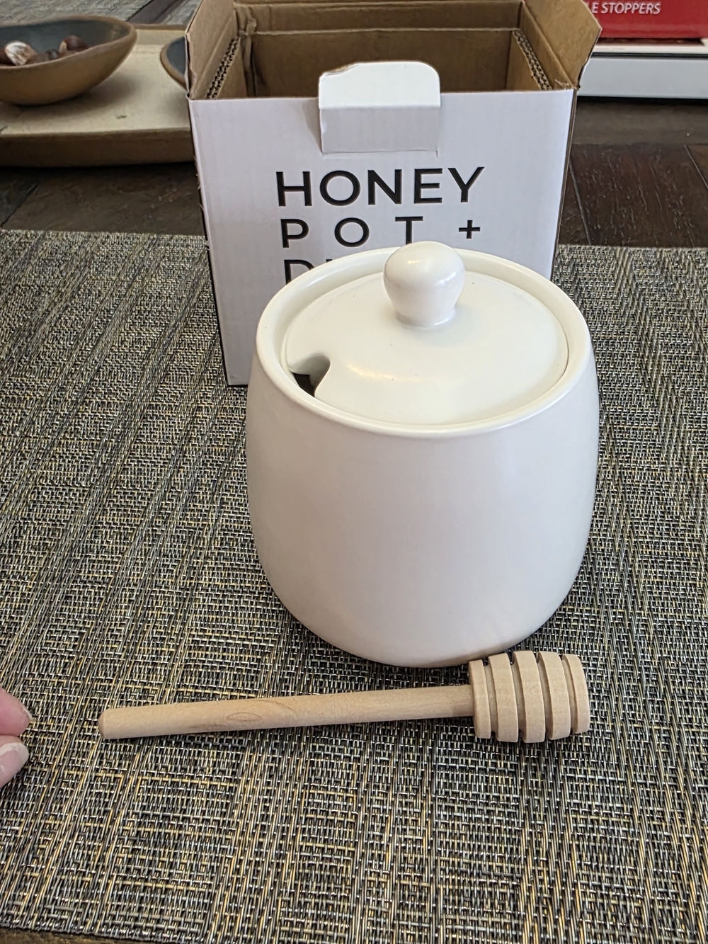 Honey Pot with Dipper - White Ceramic Honey Jar by